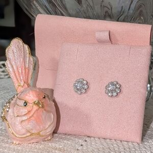 Feminine Gemstone Silver Stud Earrings With Delightful Pink Bird Trinket Dish